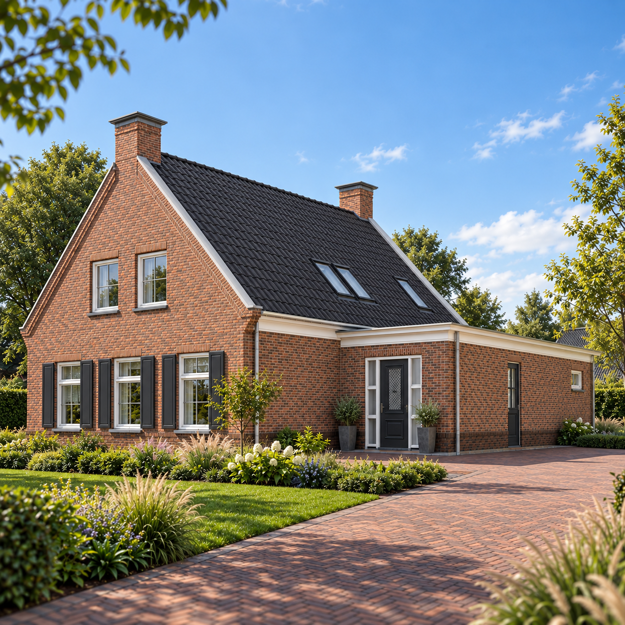 Moderne bakstenen woning in zonnige tuin